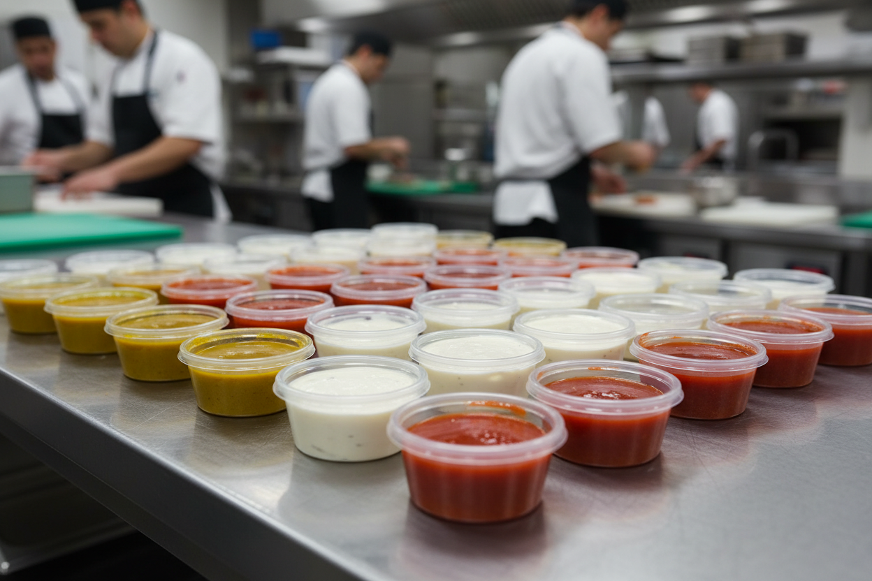 2oz containers with curry, mayo and chili sauce on prep counter