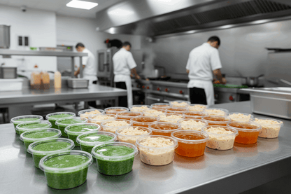 2oz containers with pesto, coleslaw dressing and sweet and sour sauce