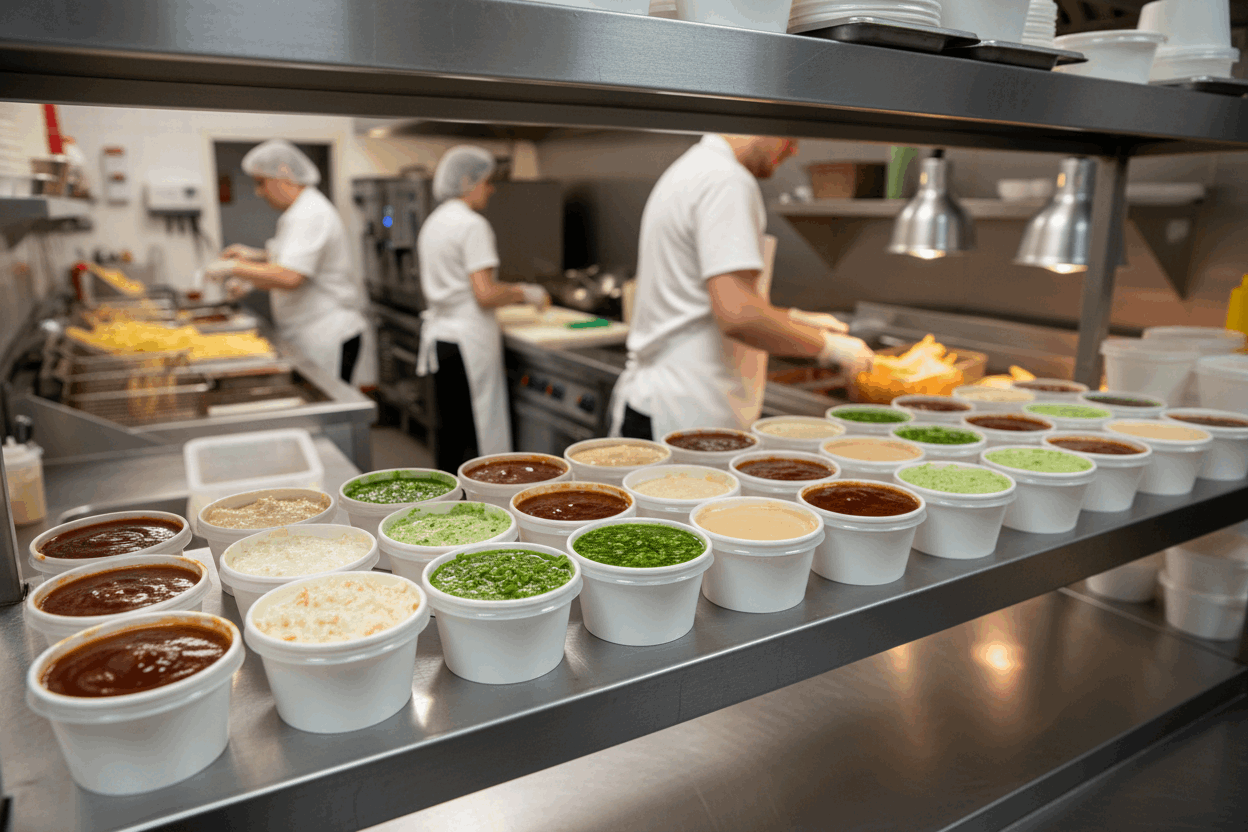 2oz white paper portion pots for hot curry sauce , BBQ sauce, coleslaw dressing and herb sauce