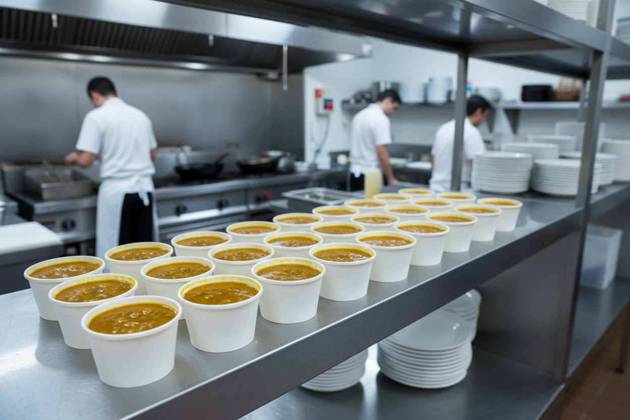 2oz portion pots with curry sauce on kitchen shelf
