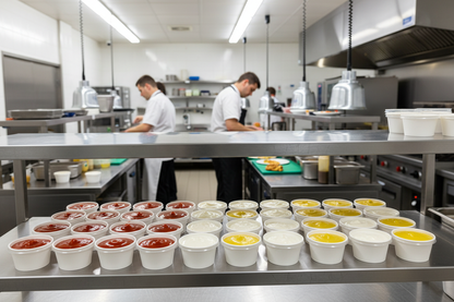 2oz portion pots with ketchup, garlic mayo and mustard