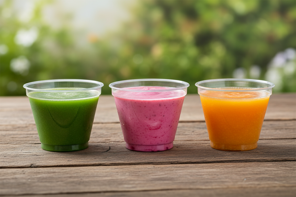 3 squat juice cups on wooden table