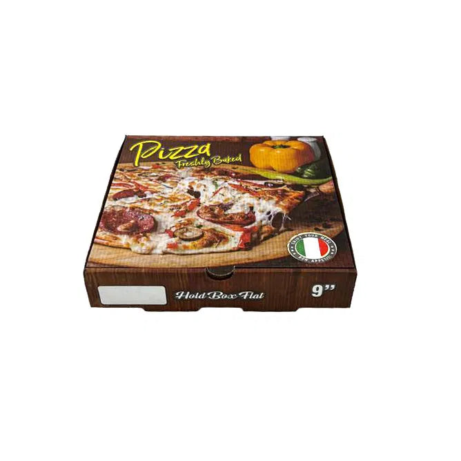 9" Pizza box with a pizza image and 'Hold Box Flat' text on a white background