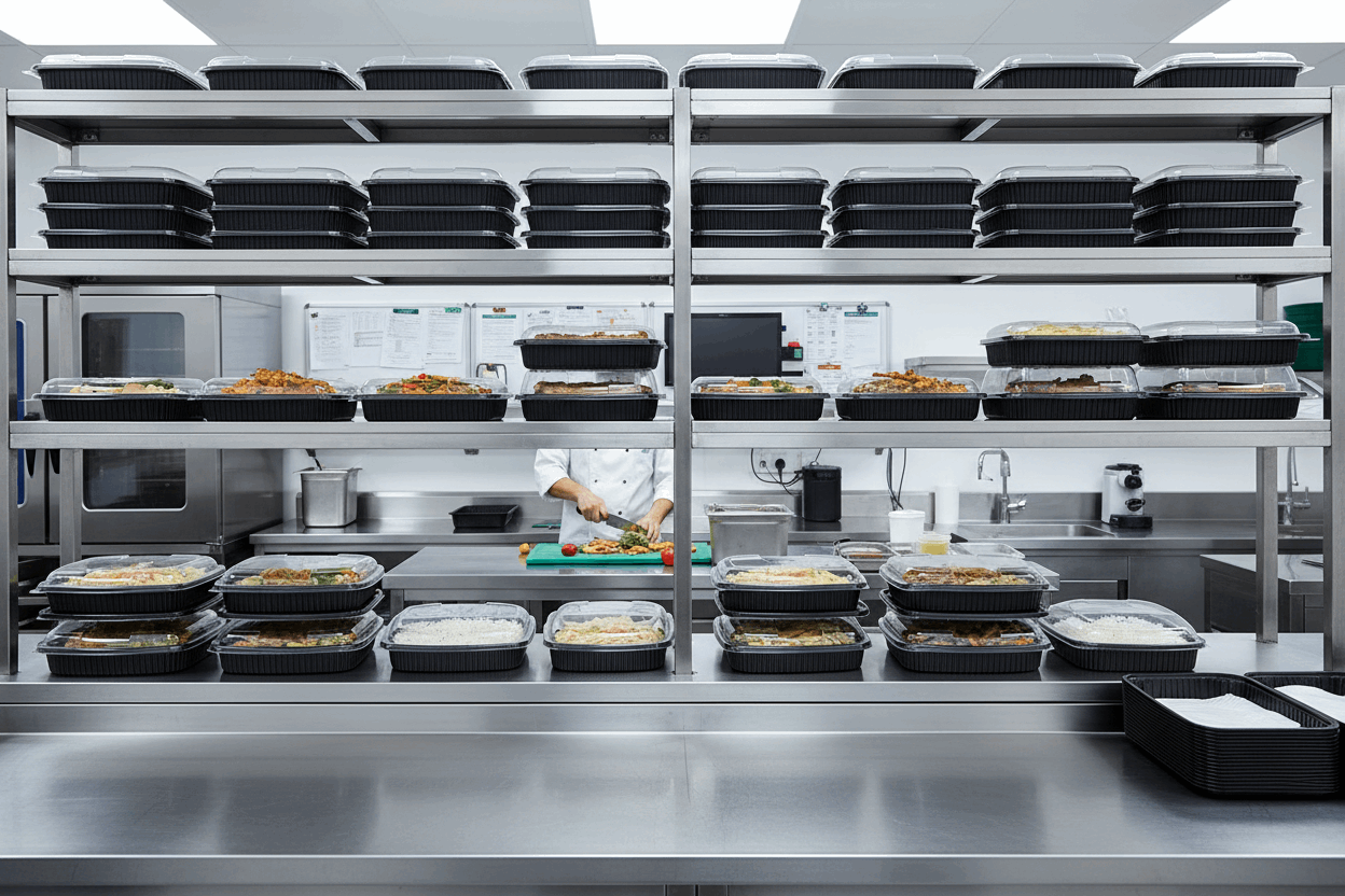 34oz black microwavable containers on shelves ready for delivery