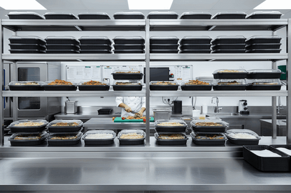 34oz black microwavable containers on shelves ready for delivery