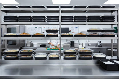 34oz black microwavable containers on shelves ready for delivery