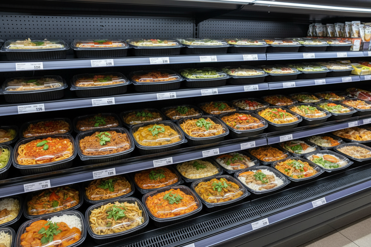 34oz black microwavable containers with ready meals on supermarket shelf