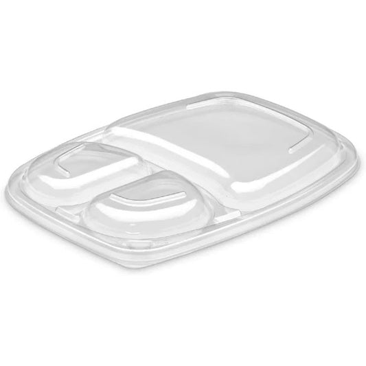 Clear 34oz 3-Compartment Microwavable Container Lids on a white background