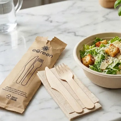 3 in 1 Wooden Cutlery Set | Fork, Knife & Napkin | 250 Pack (5x50) | FREE Ireland Delivery