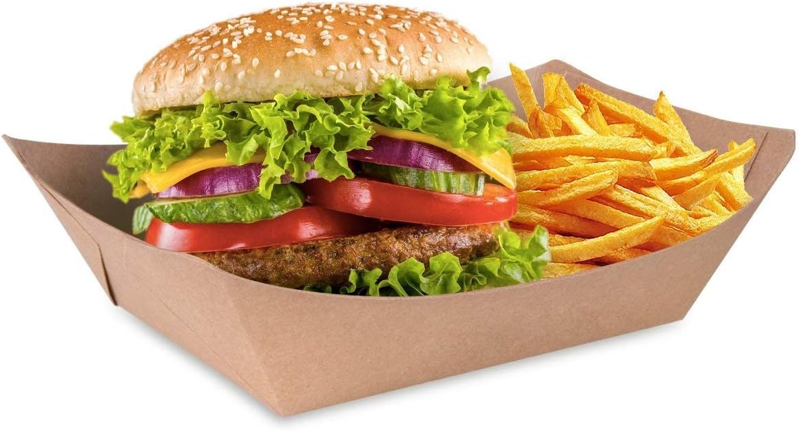 Hamburger with fries in a 3lb Kraft Greenspirit Paper Food Tray on a white background