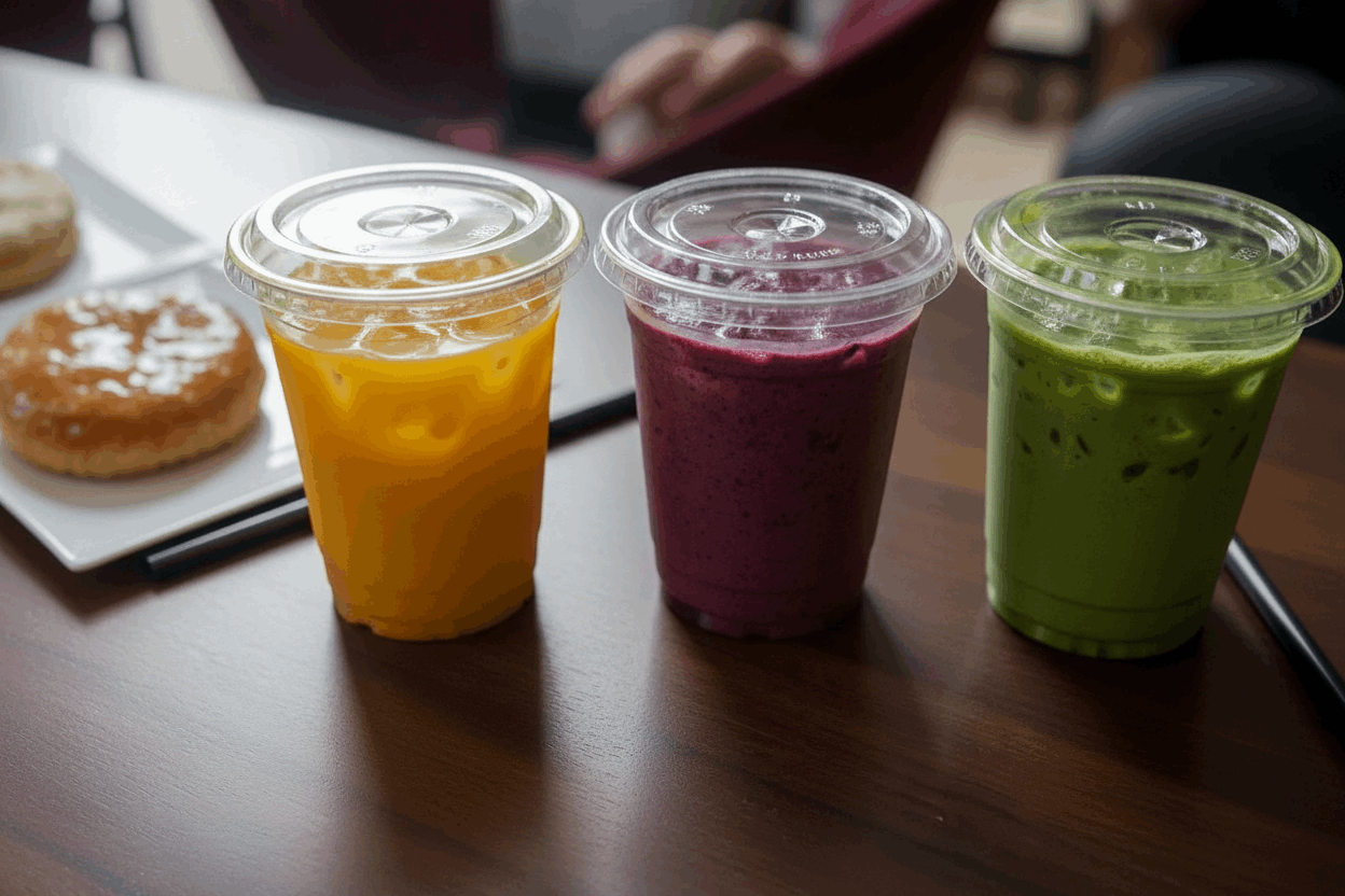 4 cups with dual sip & straw lids on café counter