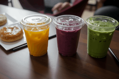4 cups with dual sip & straw lids on café counter
