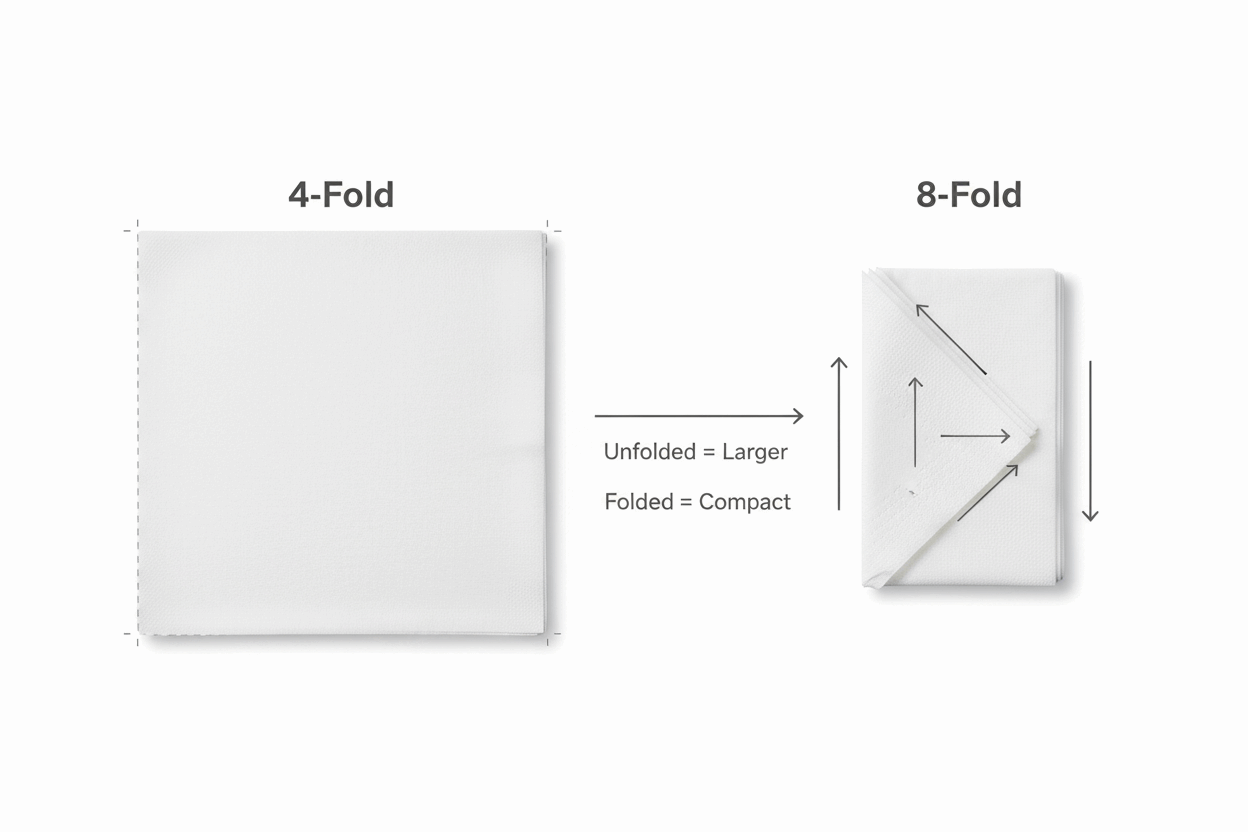 4-fold vs 8-fold airlaid dinner napkin comparison — Logic8 40cm white napkins, Ireland