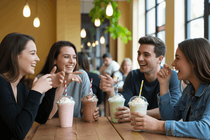4 people at café with milkshakes in 12oz RPET Cater Juice Cups (95mm) (JC4)