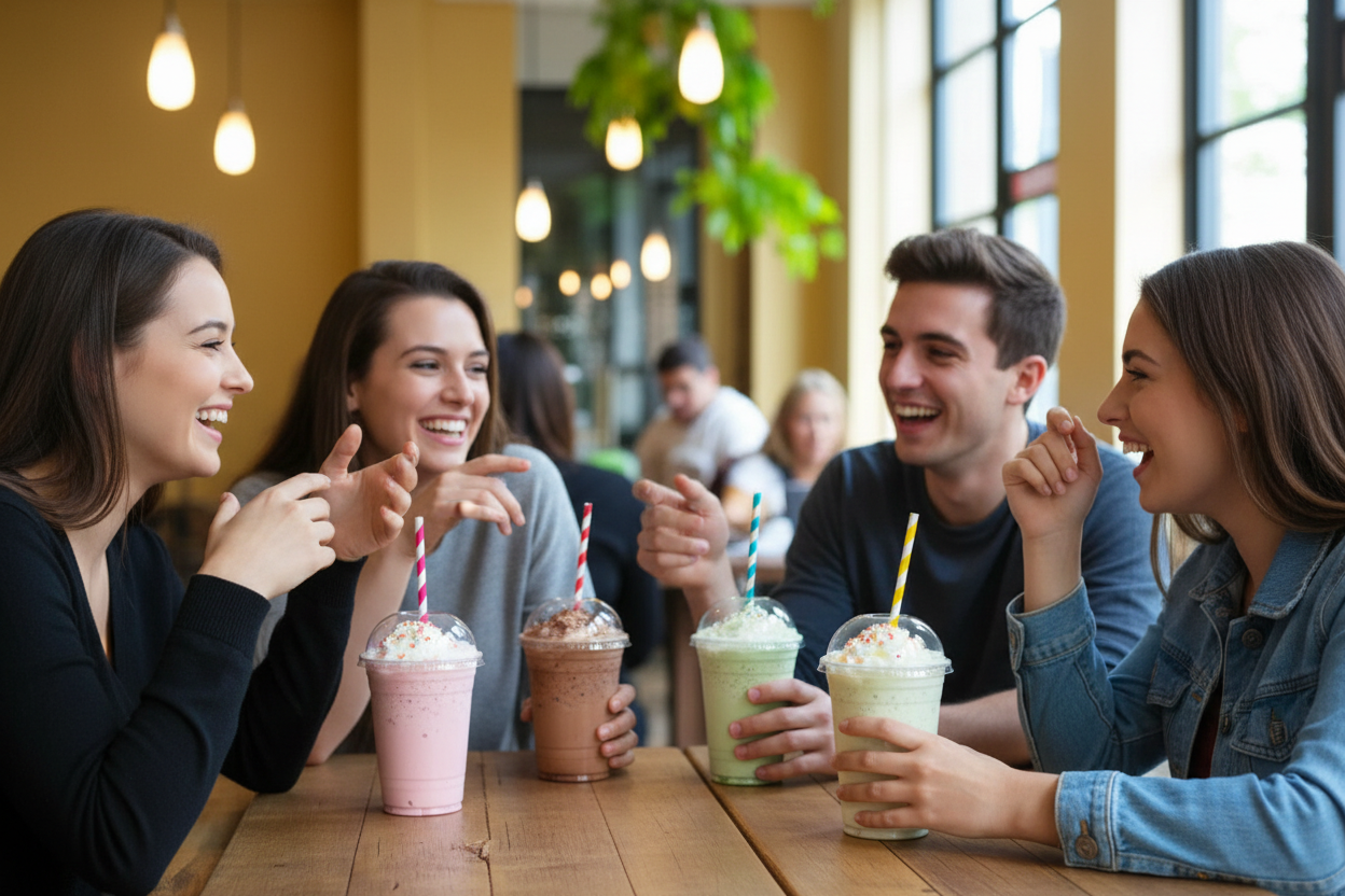 4 people at café with milkshakes in 12oz RPET Cater Juice Cups (95mm) (JC4)