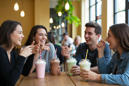 4 people at café with milkshakes in 12oz RPET Cater Juice Cups (95mm) (JC4)