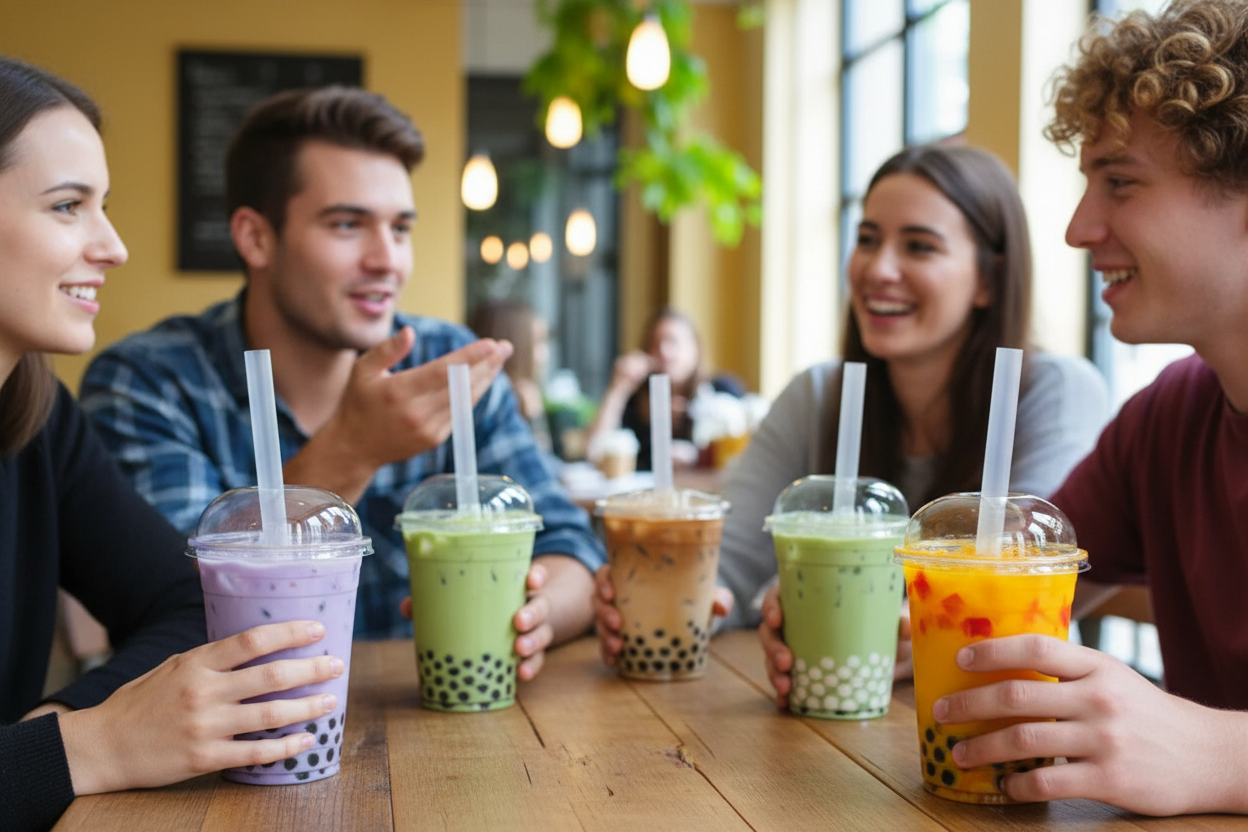 4 people drinking bubble tea from clear disposable cups