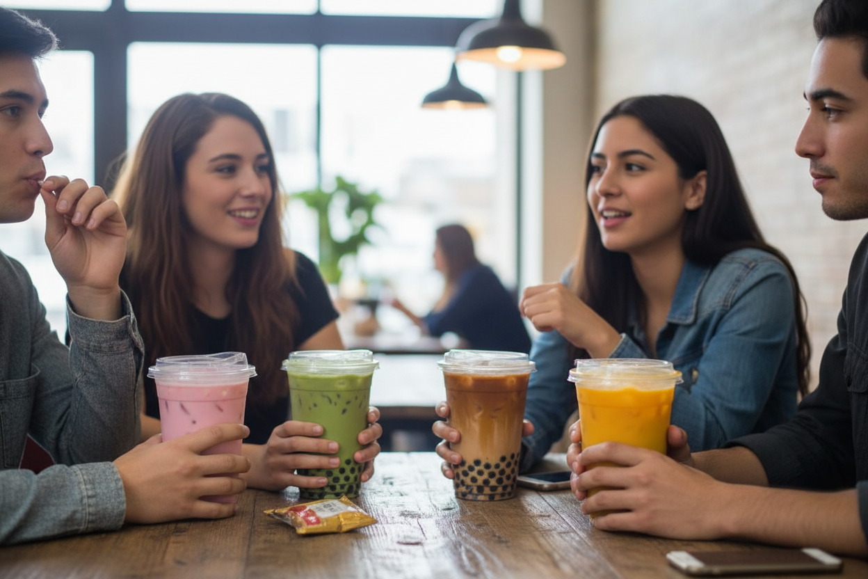 4 people drinking bubble tea with 12oz RPET Cater Juice Cups (95mm) (JC4)