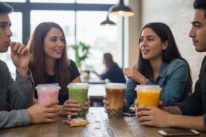 4 people drinking bubble tea with 12oz RPET Cater Juice Cups (95mm) (JC4)