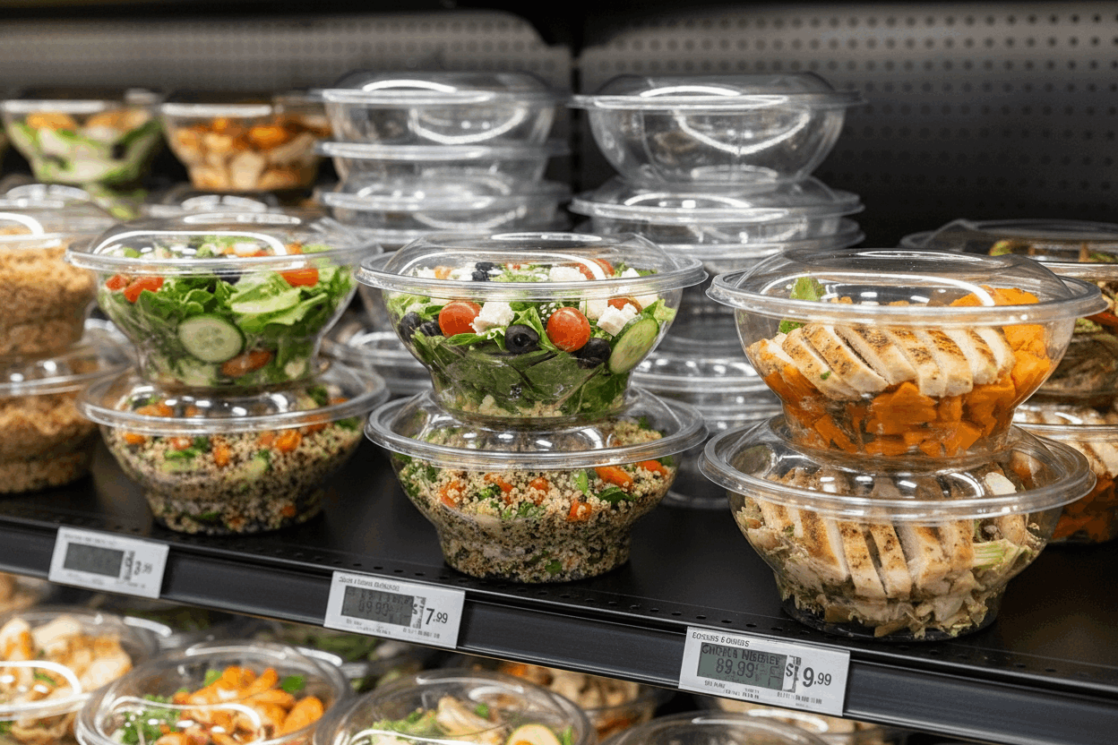 Round hinged salad containers on shop display shelf