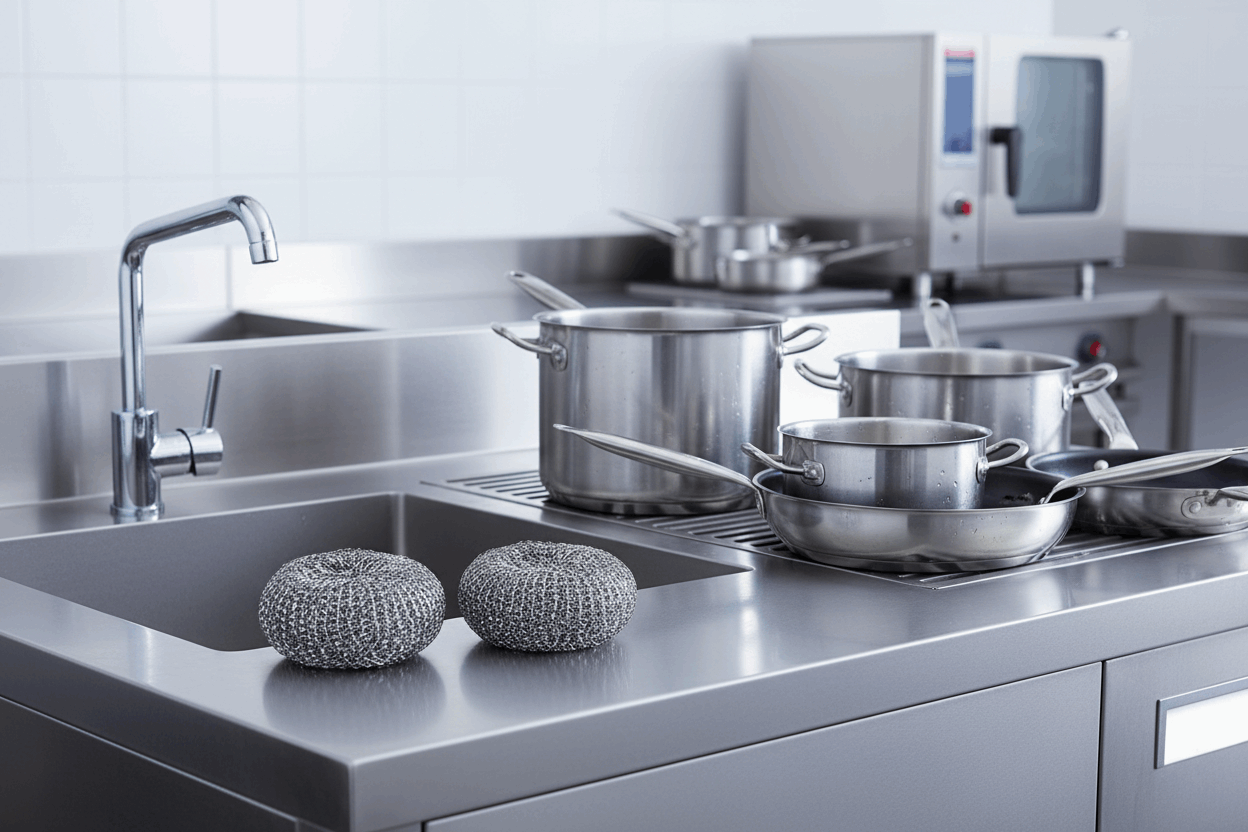 40g Galvanized Scourers beside commercial kitchen sink