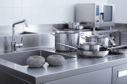 40g Galvanized Scourers beside commercial kitchen sink
