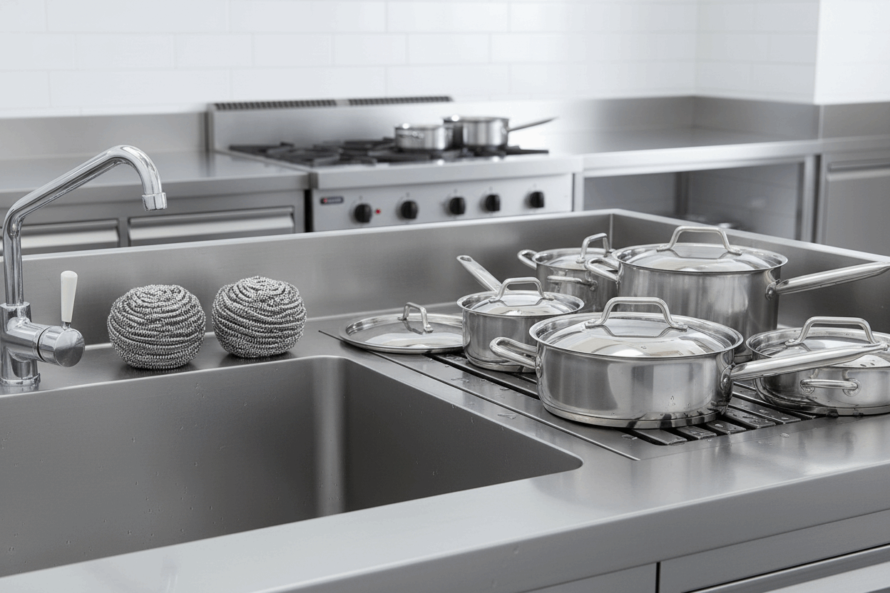 40g Stainless Steel Scourers beside commercial kitchen sink