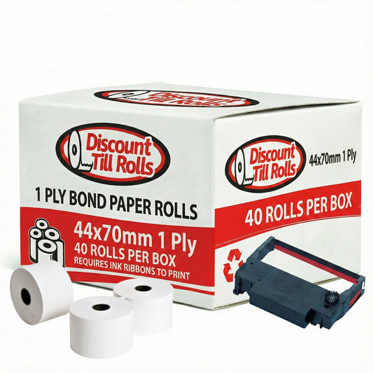 Box of Discount Till Rolls 44x70mm  bond paper rolls and ink ribbon on a white background