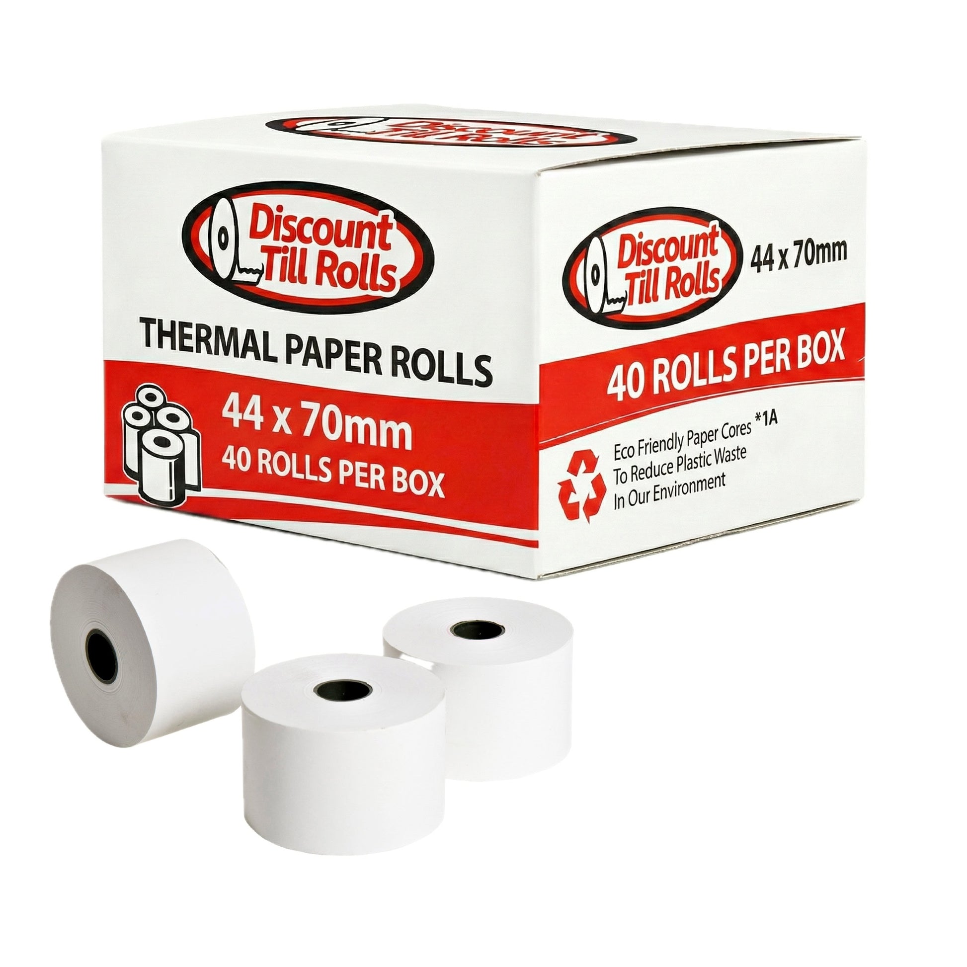 Box of Discount Till Rolls 44x70mm thermal paper rolls with three rolls in front