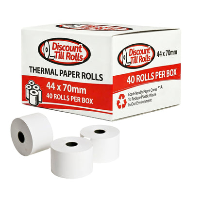Box of Discount Till Rolls 44x70mm thermal paper rolls with three rolls in front