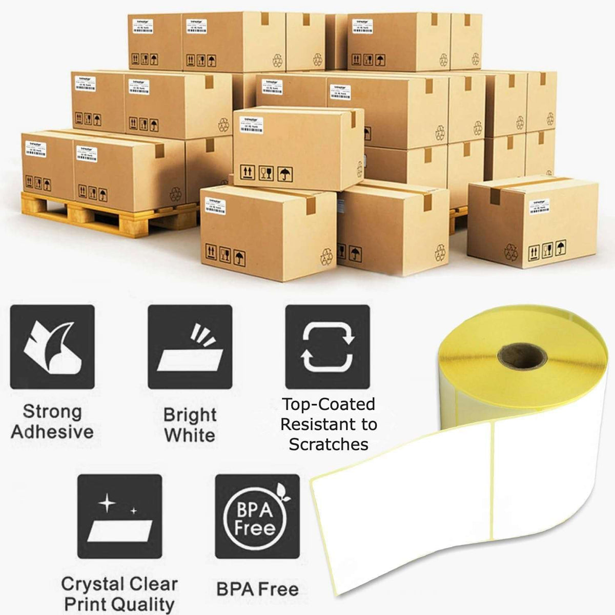 Stack of cardboard boxes on a pallet with a roll of labels and product features displayed.