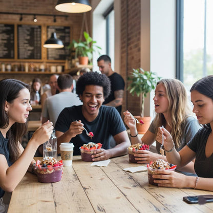 Group of friends enjoying dessert in a 12oz Clear Round RPET Açaí Bowl Container at a cafe