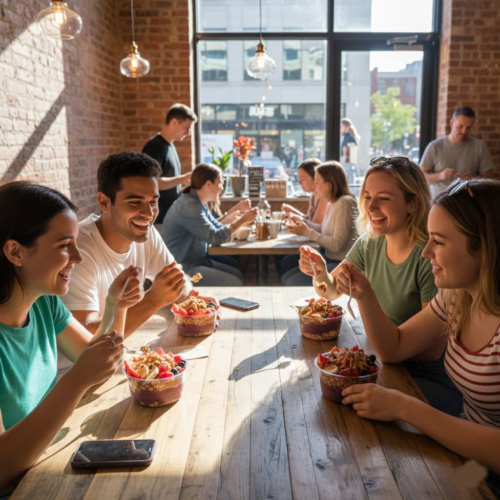 Group of friends enjoying a meal together at a restaurant with large windows.