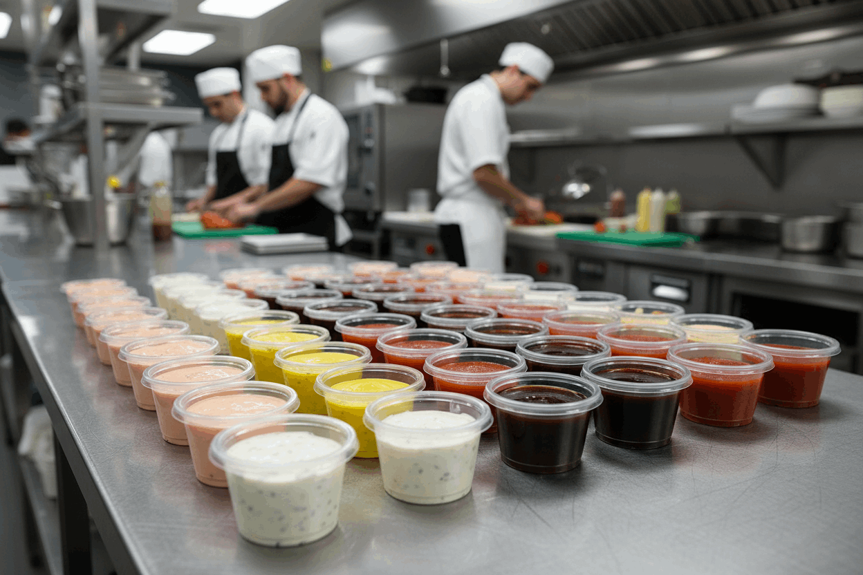 4oz Fusion containers with thousand island, mustard, ranch, BBQ and marinara
