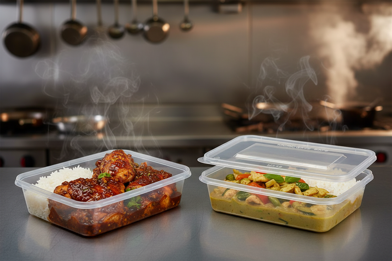 500ml Rectangular Microwavable Container & Lid — Jerk Chicken & Thai Curry