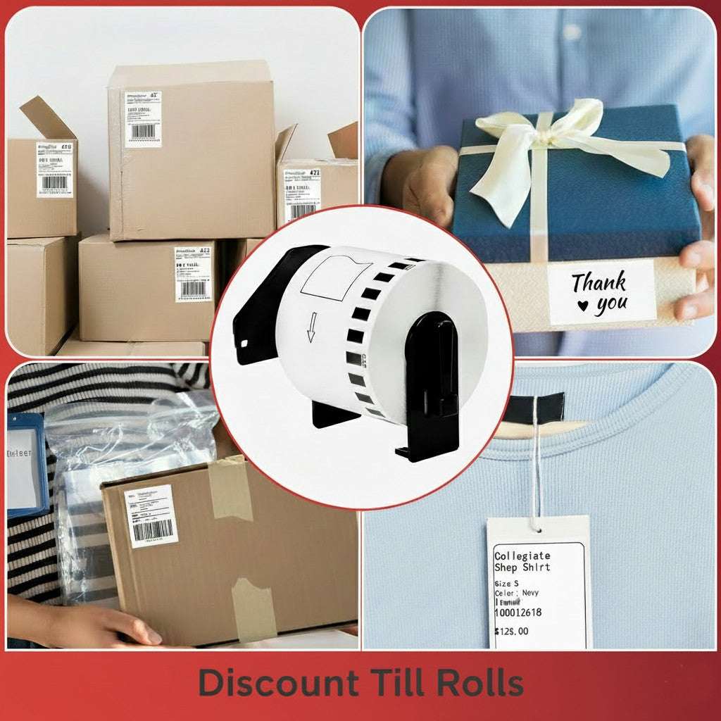 Collage of packaging materials, a label printer, and a gift from Discount Till Rolls