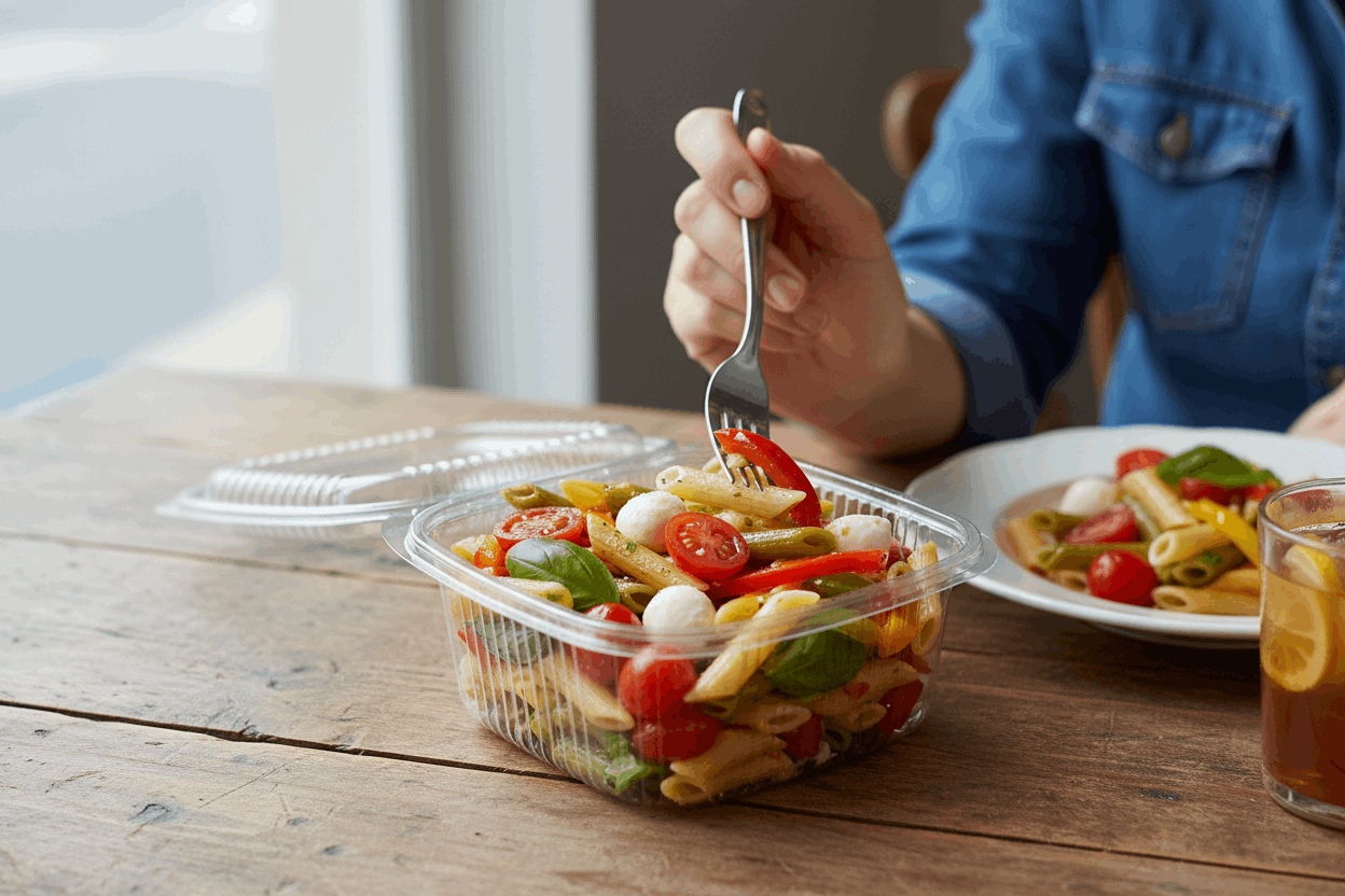 Person eating pasta from square hinged container