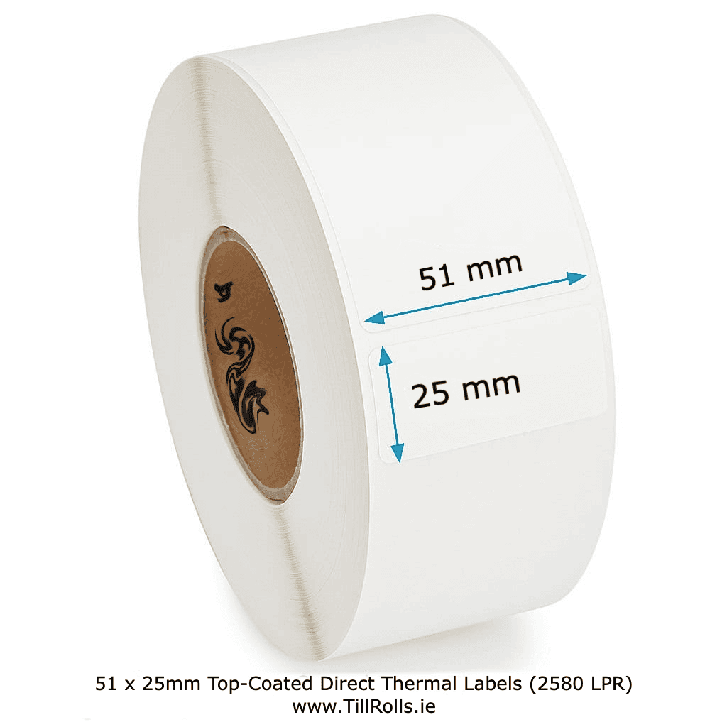 Roll of 51 x 25mm top-coated direct thermal labels with measurements on a white background.