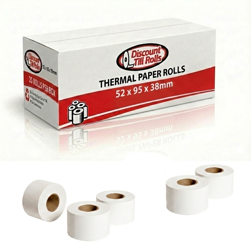Discount Till Rolls branded box of 52x95x38mm thermal rolls with 5 rolls sitting in front of the box on a white background