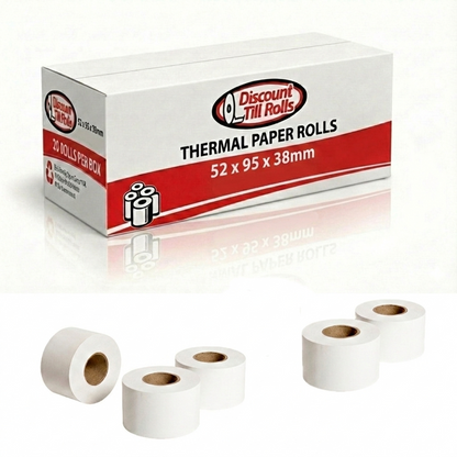 Discount Till Rolls branded box of 52x95x38mm thermal rolls with 5 rolls sitting in front of the box on a white background