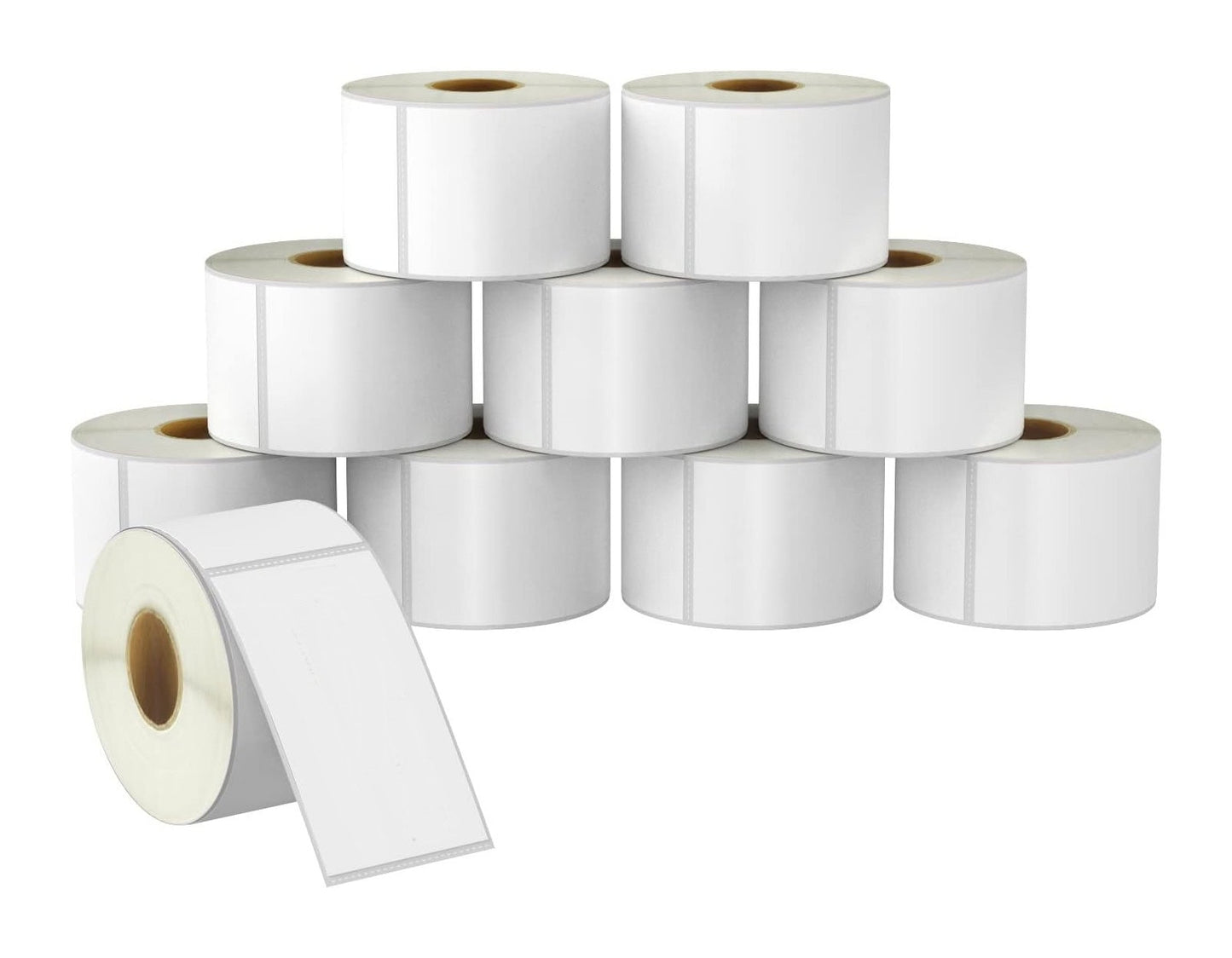 Multiple rolls of Zebra 57x102mm white label paper stacked on a white background