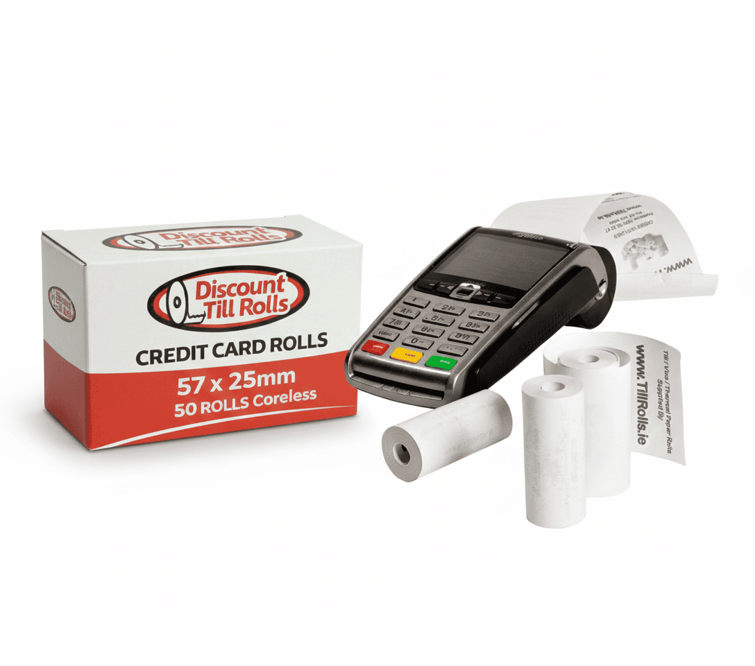 Discount Till Rolls Branded Box of 57x25mm coreless credit card rolls with a POS machine on a white background