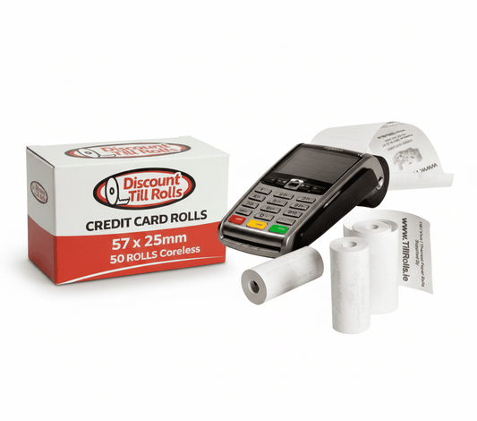 Discount Till Rolls Branded Box of 57x25mm coreless credit card rolls with a POS machine on a white background