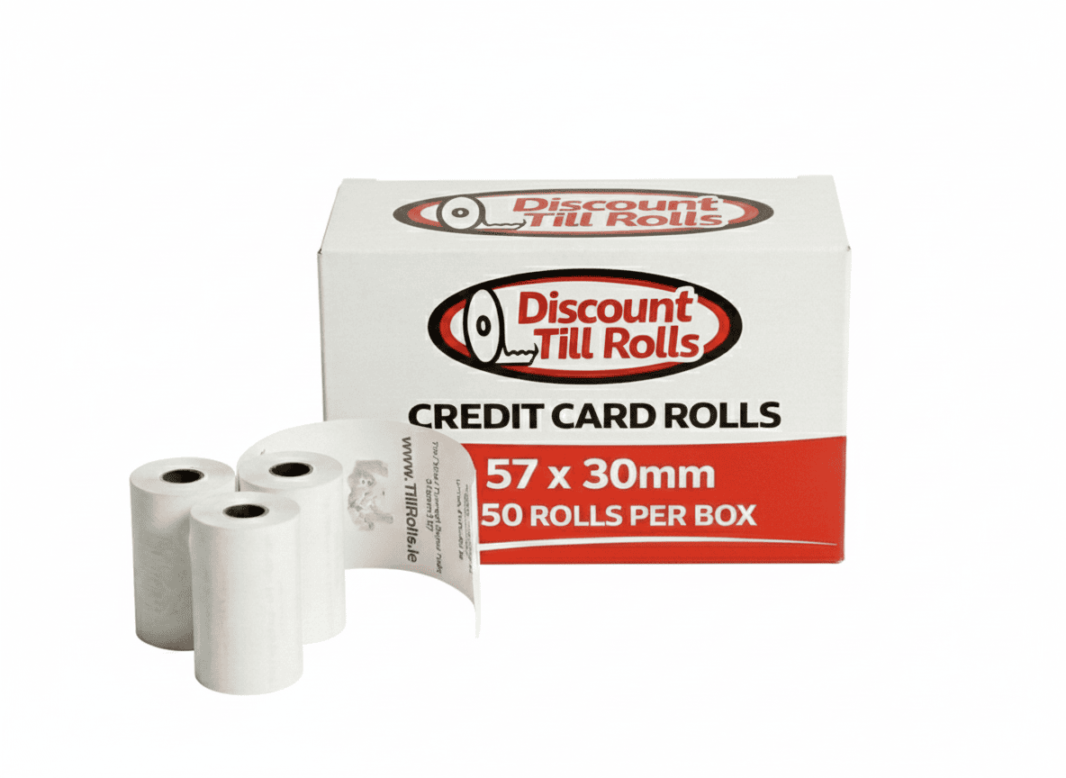Box of Discount Till Rolls 57x30mm credit card rolls with three rolls in front on a white background