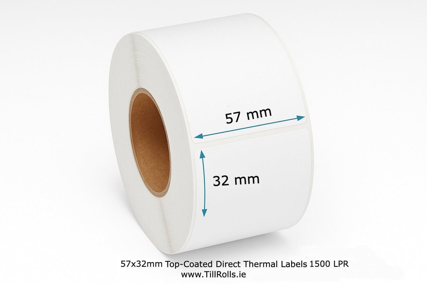 Roll of top-coated direct thermal labels with dimensions 57x32mm on a white background.