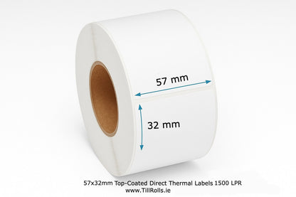 Roll of top-coated direct thermal labels with dimensions 57x32mm on a white background.