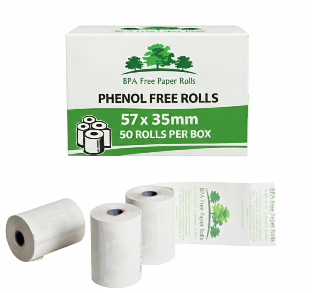 Front view Box of phenol-free credit card rolls 57x35mm with three rolls displayed in front on a white background