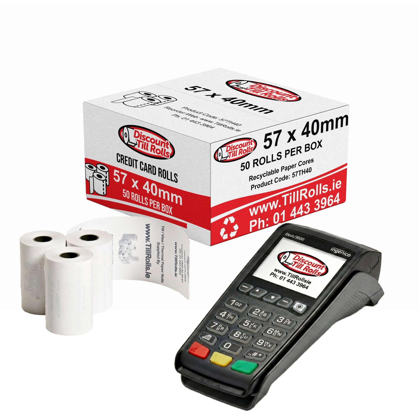 Branded Box of Discount Till Rolls 57x40mm Credit Card Rolls with credit card machine on a white background.