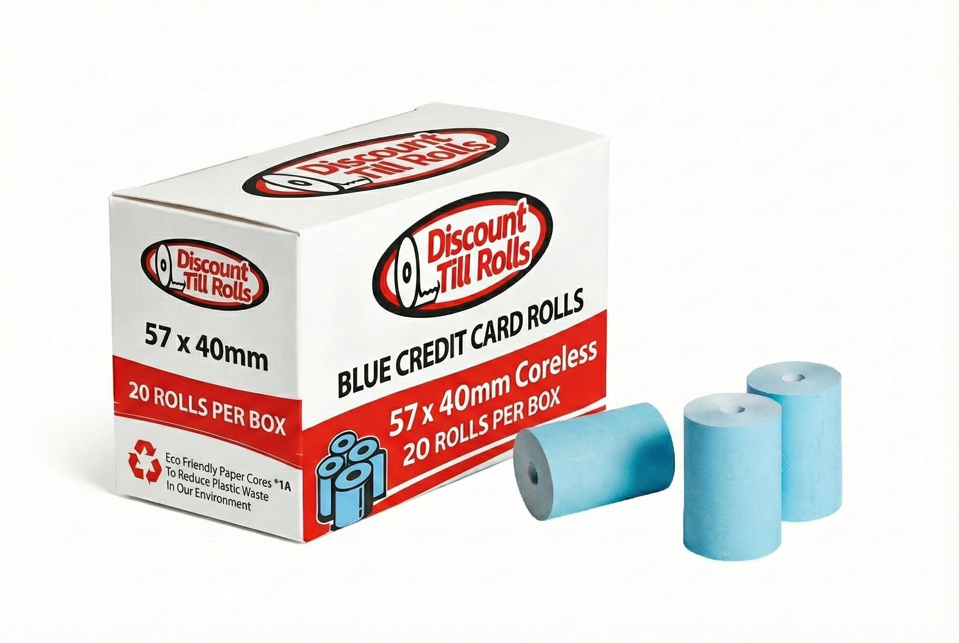 discount till rolls branded box of blue credit card rolls with 2 blue credit card rolls in front on a white background