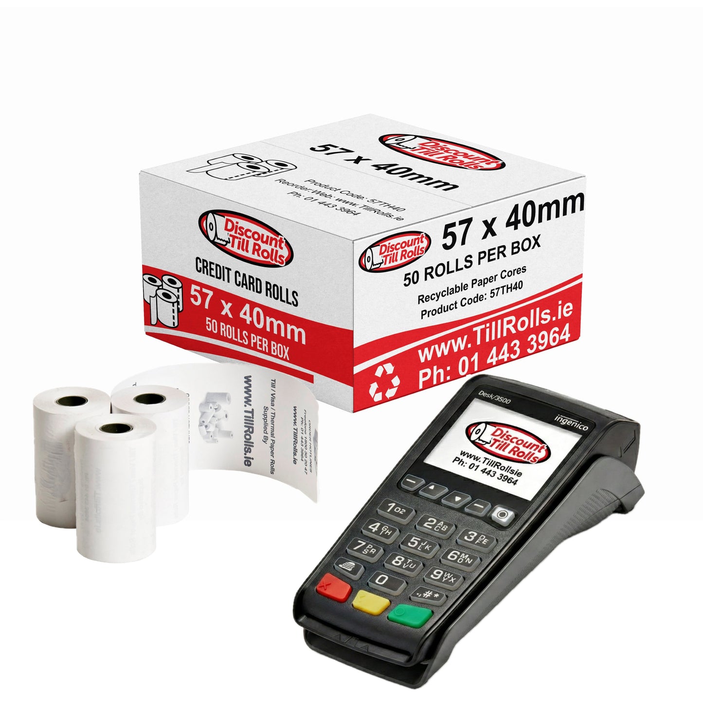 Branded Box of Discount Till Rolls 57x40mm Credit Card Rolls with credit card machine on a white background.
